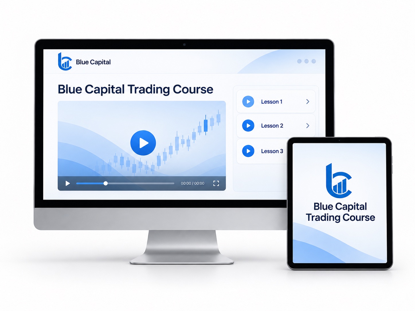 Desktop and tablet mockup representing the Blue Capital trading course.