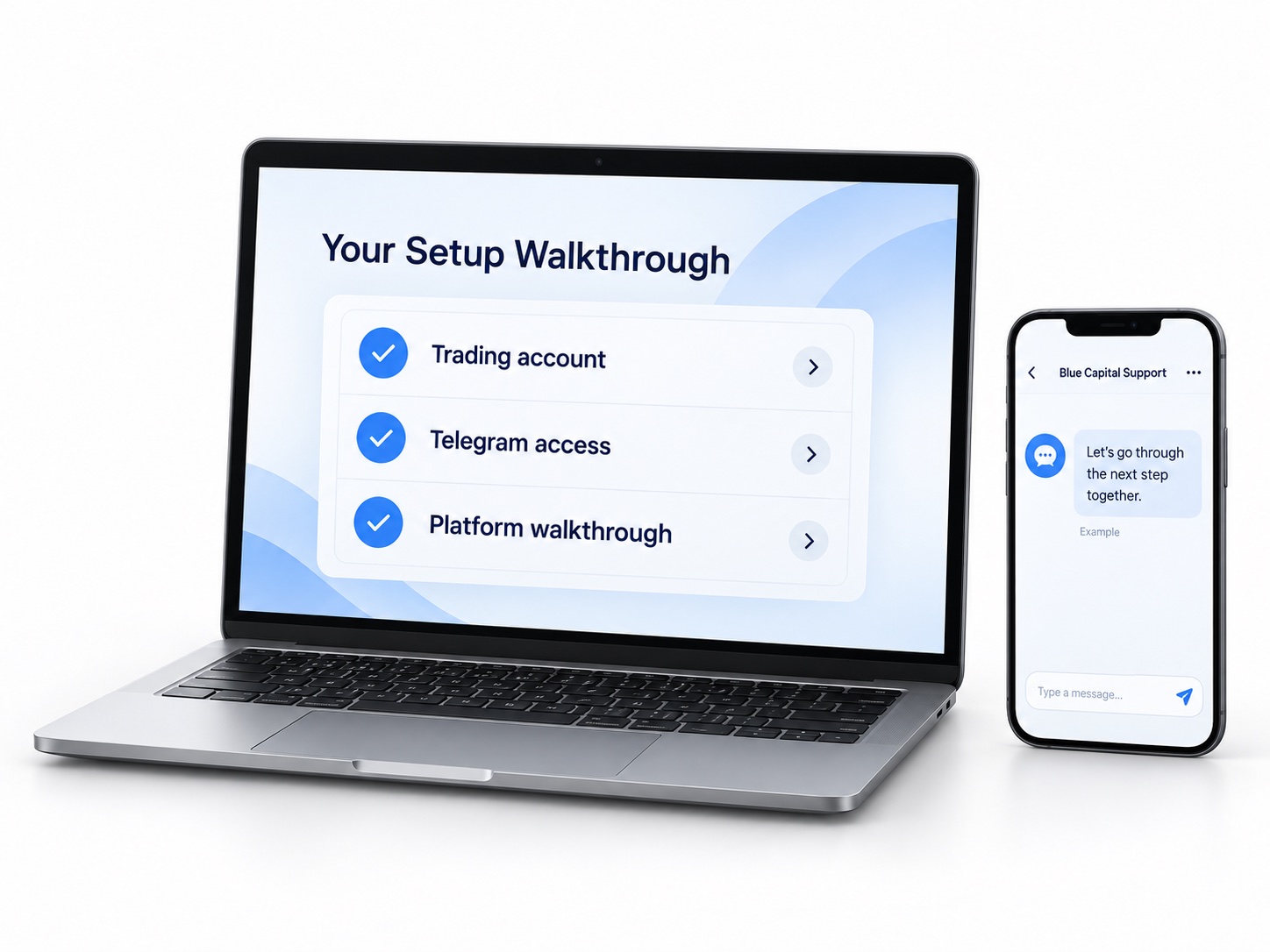 Illustration of a personal trading account setup walkthrough with Blue Capital support.