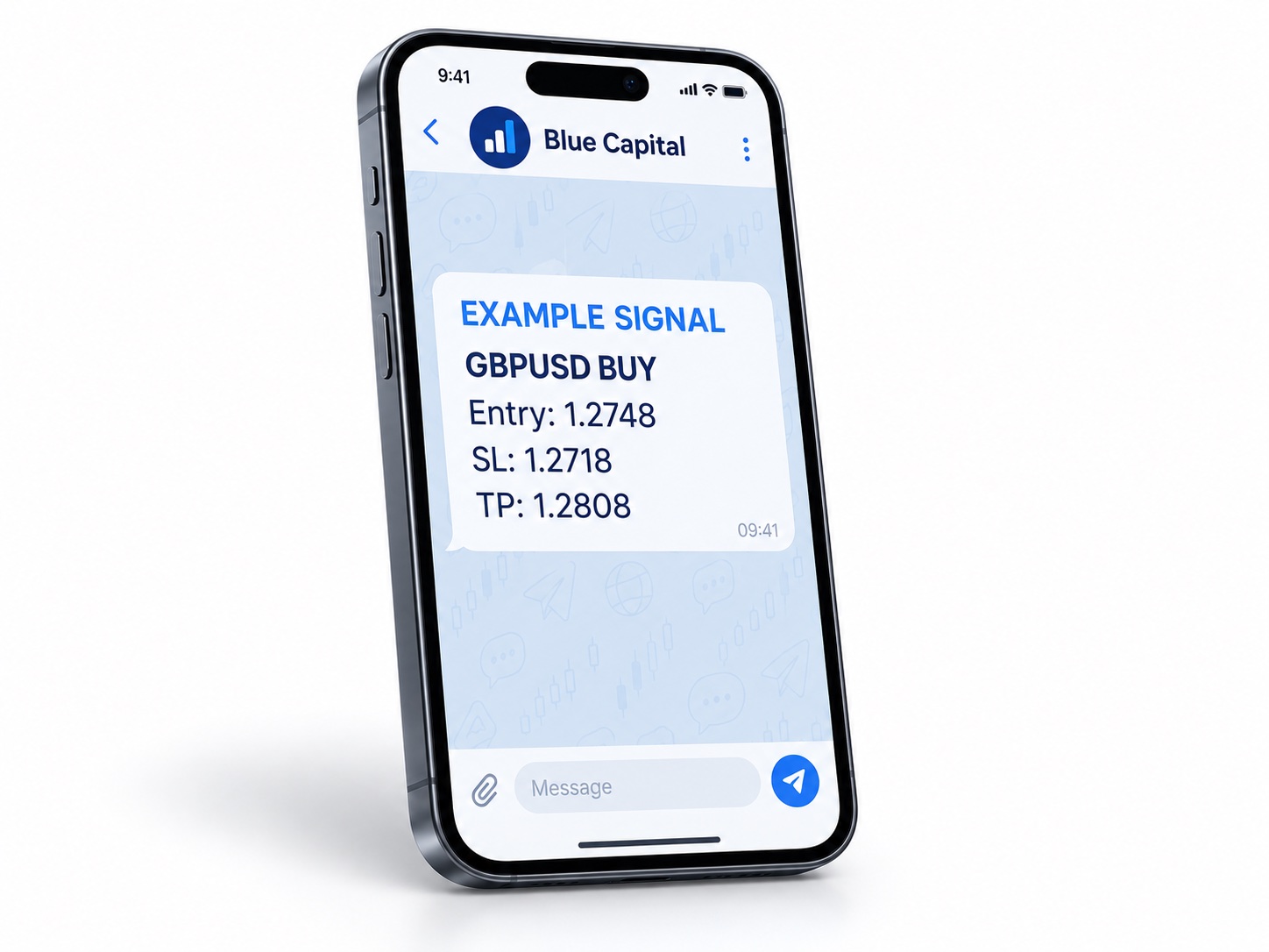 Phone displaying an illustrative Blue Capital Forex signal on Telegram.