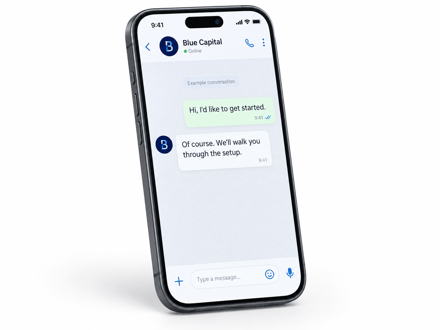 Illustration of contacting Blue Capital support on WhatsApp.