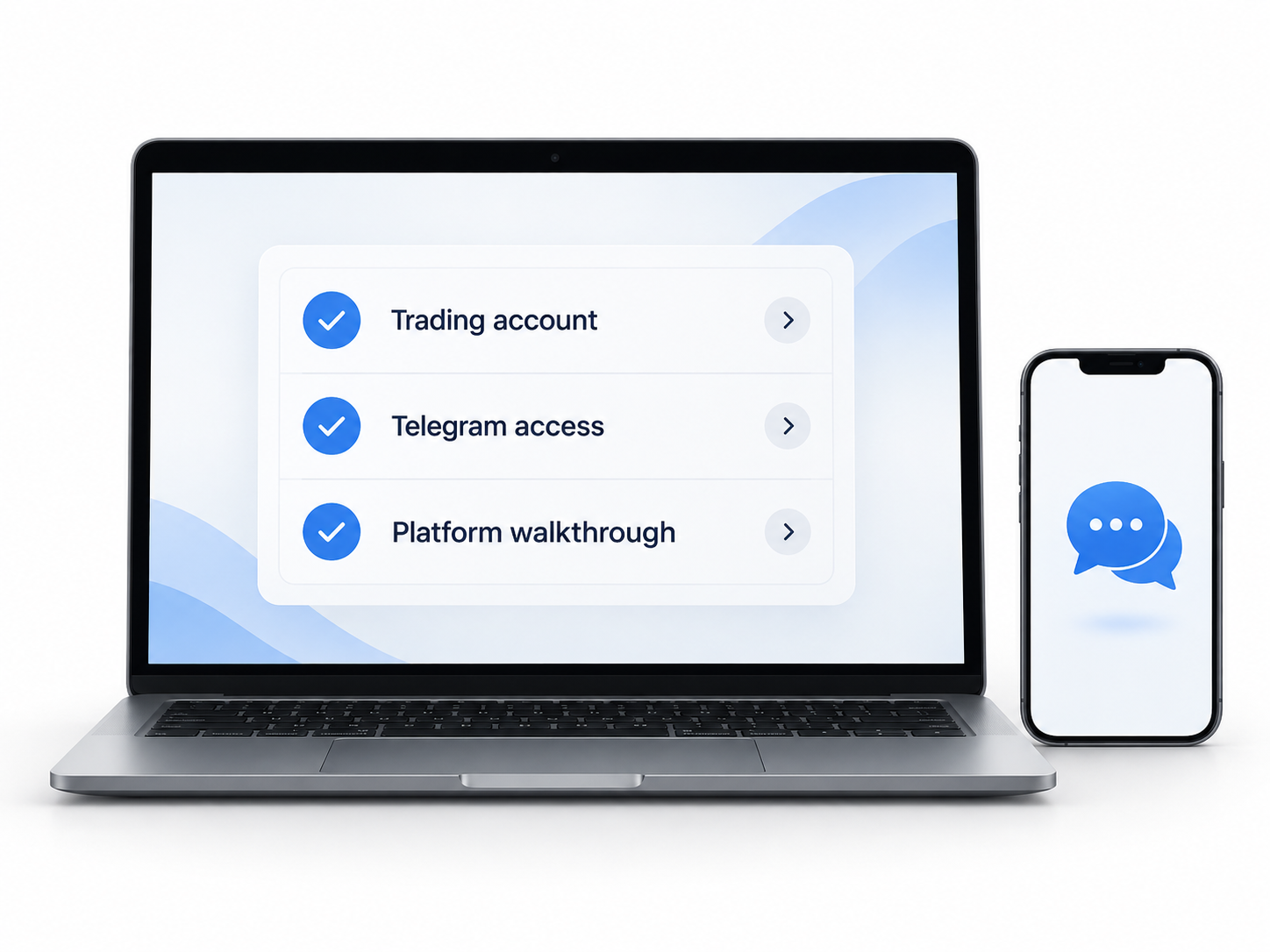 Illustration of trading account setup with personal support from Blue Capital.