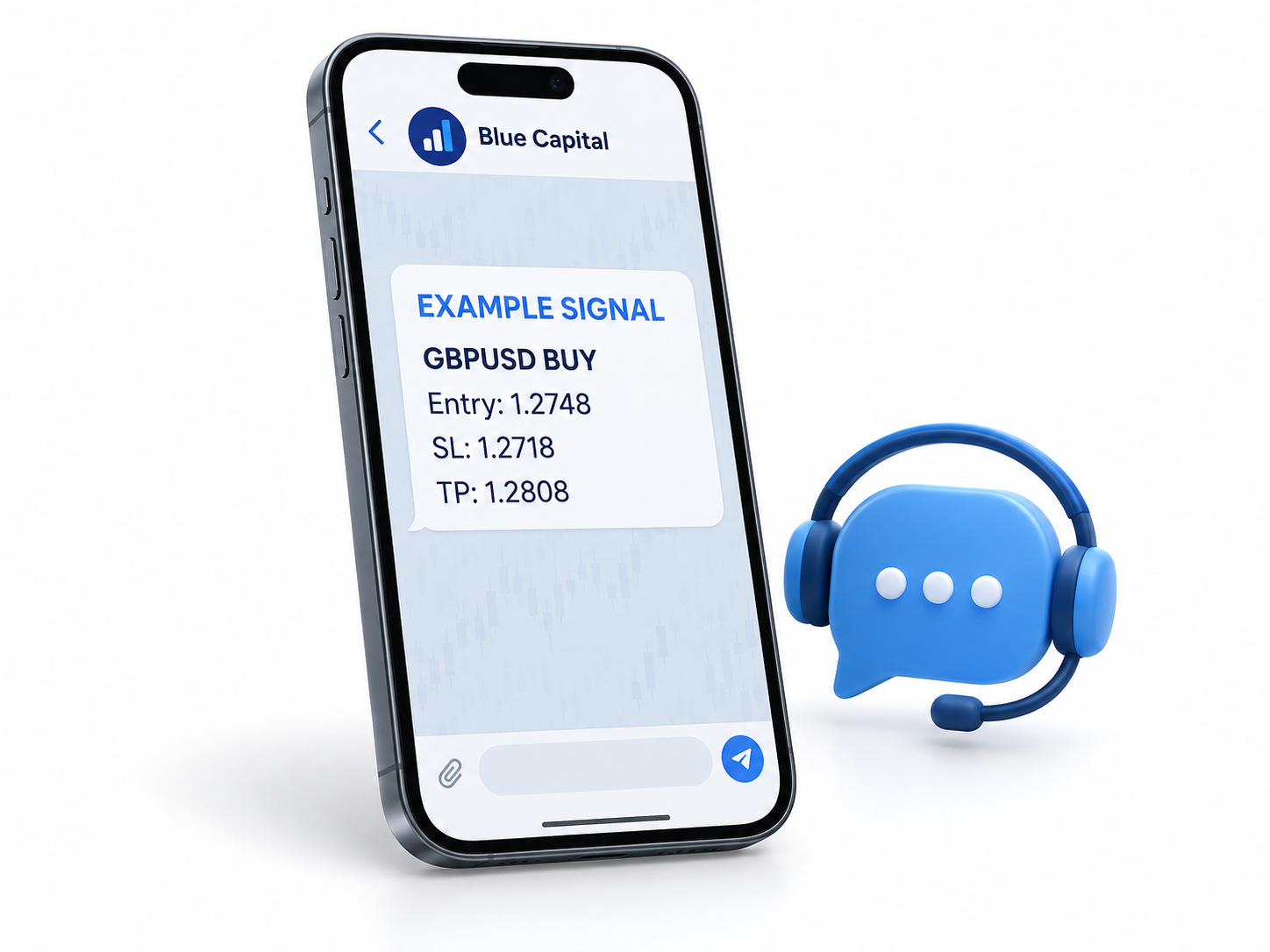 Illustrative Blue Capital Telegram signal with ongoing support available.
